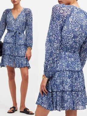 Madewell Tie-Waist Tiered Mini Dress 8 Floral Blue Ditsy No Belt Boho NS128 $148